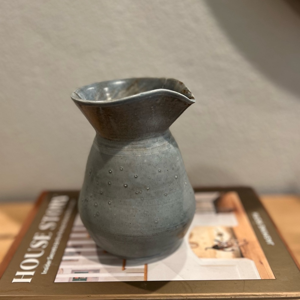 Earthy Blue Gray Studio Pottery Vase, Ceramic Pitcher Signed Collectible Art